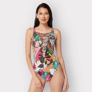 P147 Bleu Rod Beattie NEW One-Piece Swimsuit sz 8 Medium Lace-Up Plunge Auction